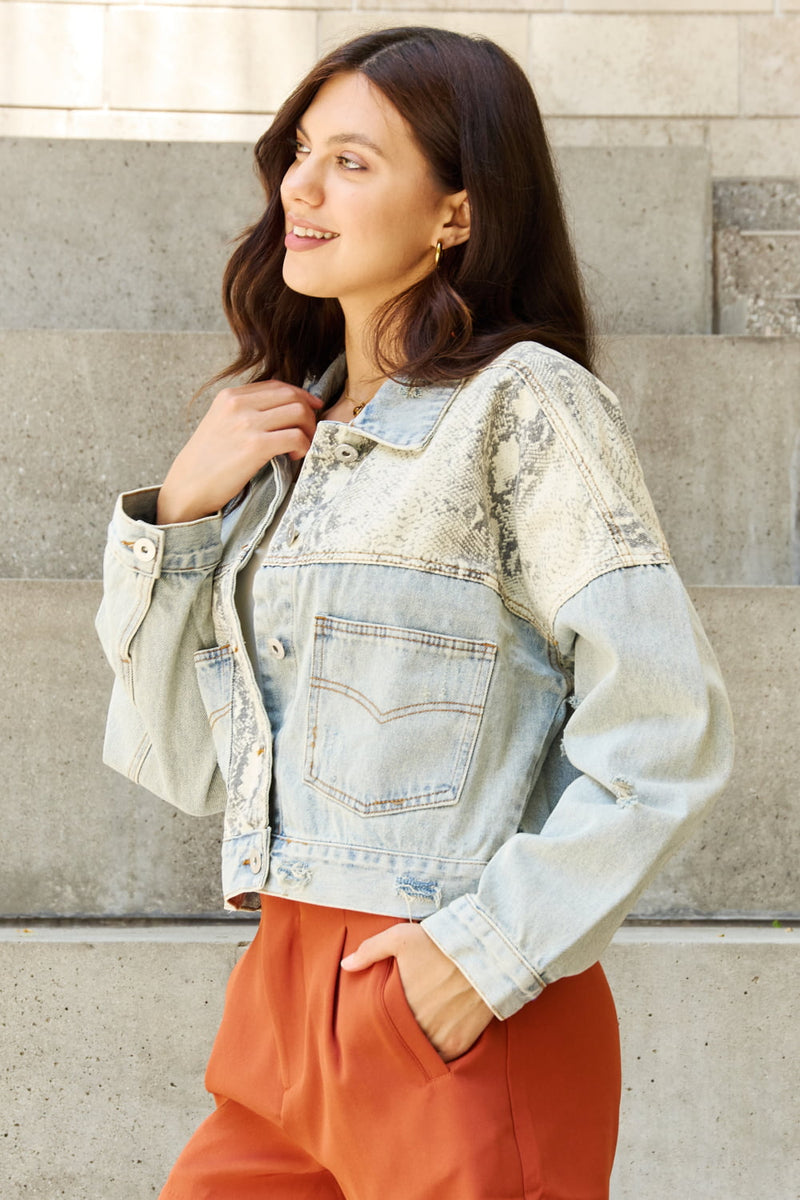 Morning Chills Oversized Snake Print Denim Jacket
