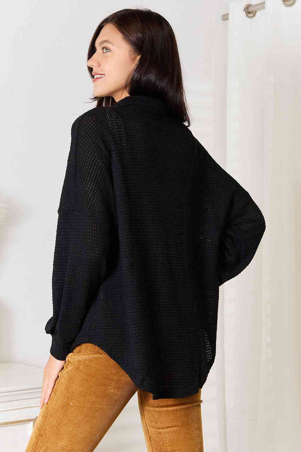 Waffle-Knit Collared Neck Dropped Shoulder Shirt