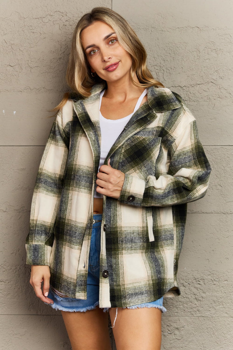 The Fireplace Oversized Plaid Shacket in Olive