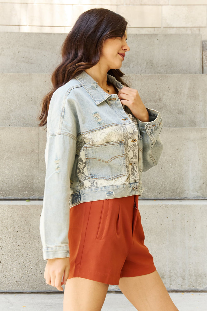 Morning Chills Oversized Snake Print Denim Jacket