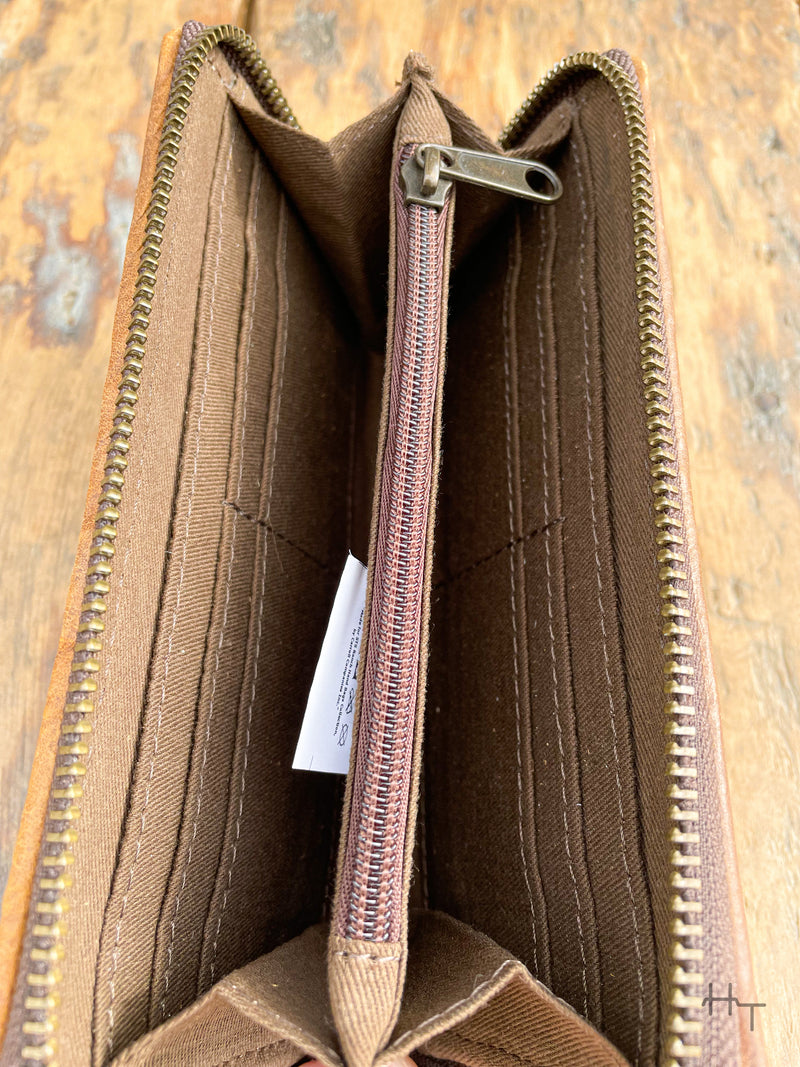 Photo of inside of wallet with fabric liner with card slots and zipper pocket in middle